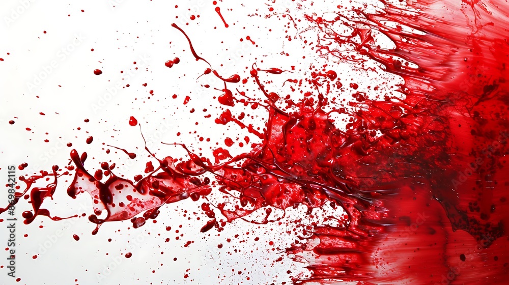 Burst of ruby red paint splatters creating an explosion of color and texture against a background of clean white. Burst of ruby red paint splatters creating an explosion of color and texture against a background of clean white.