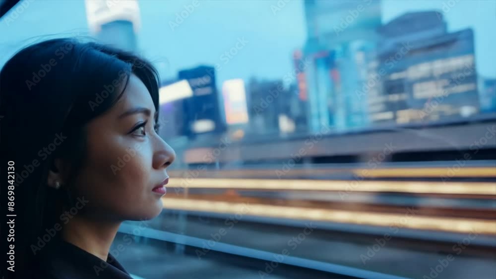 Subtle Reflections of a Woman on the Window of a Hyper-Speed Train Moving Through a Vibrant Japanese City – Dynamic and Atmospheric Urban Scene Subtle Reflections of a Woman on the Window of a Hyper-Speed Train Moving Through a Vibrant Japanese City – Dynamic and Atmospheric Urban Scene