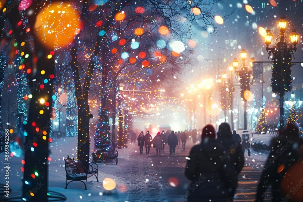 Enchanting Cityscape Illuminated by Multicolored Holiday Lights and Snowfall Enchanting Cityscape Illuminated by Multicolored Holiday Lights and Snowfall