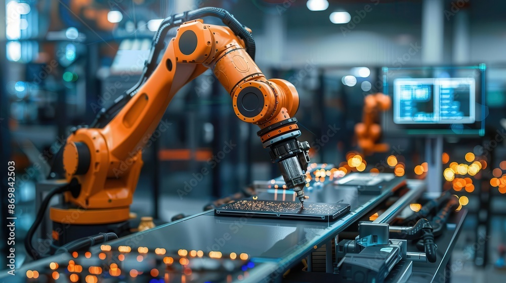 Industrial robotic arm working on a circuit board in a modern factory setting, showcasing advanced automation technology in manufacturing. Industrial robotic arm working on a circuit board in a modern factory setting, showcasing advanced automation technology in manufacturing.
