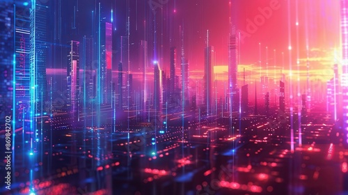 Futuristic digital cityscape with glowing neon lights and abstract skyscrapers. A vibrant display of urban technology and cyber aesthetics.