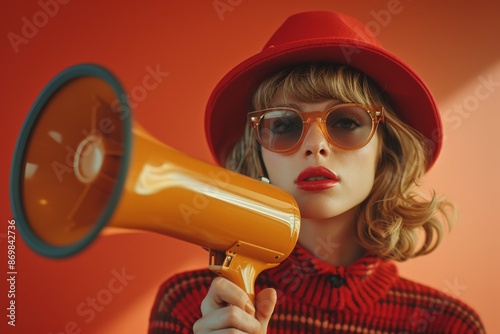 Stylish young woman with red hat and sunglasses holding a bright orange megaphone on vibrant red background, expressing confidence and bold fashion senseWoman