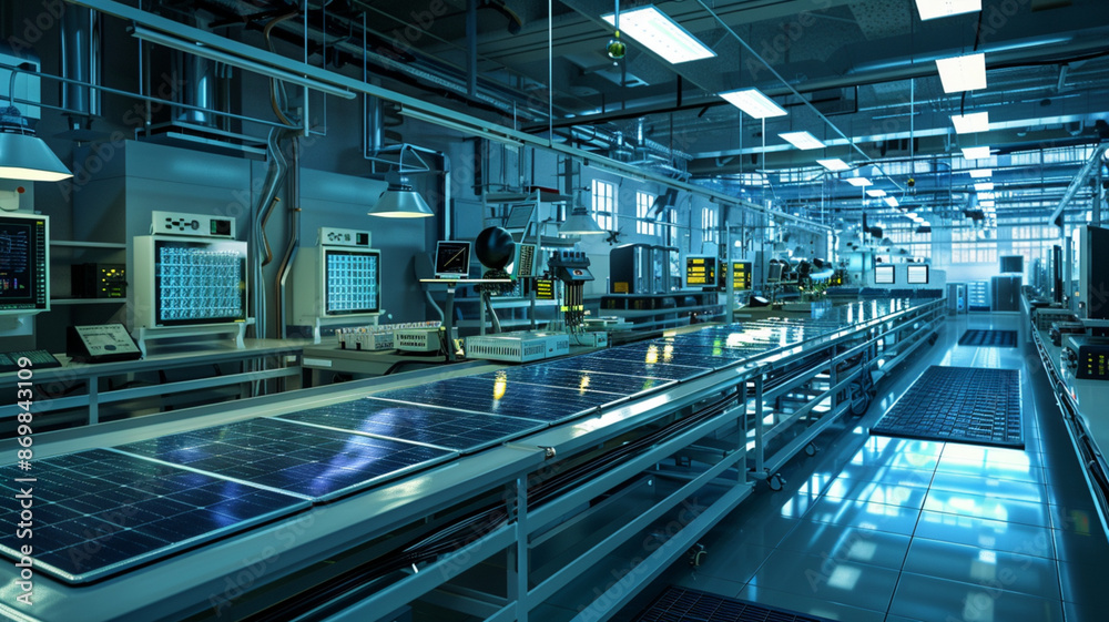 Fototapeta premium Capture the high-tech environment in a renewable energy lab with solar panels and energy storage systems 