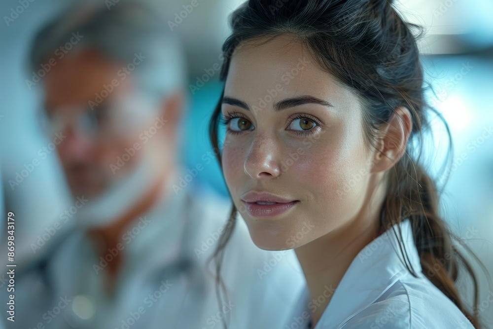 Obraz premium Young Female Doctor in Medical Uniform Smiling Confidently in a Modern Healthcare Setting with Fellow Colleague in the Backgroundyoung doctor