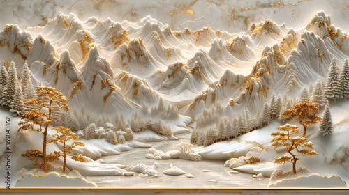 Volumetric stucco molding on a concrete wall with golden elements, Japanese landscape, waterfall, mountains, sakura.