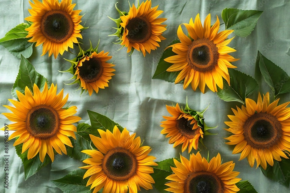 Sunflower Array on Light Green Tablecloth - Capturing Feeling of Friendship and Warmth Sunflower Array on Light Green Tablecloth - Capturing Feeling of Friendship and Warmth