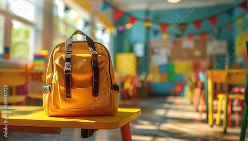Vivid classroom with a yellow backpack on a desk, colorful decor, bright daylight, and a blurred background enhancing the focus. © CREATER CENTER