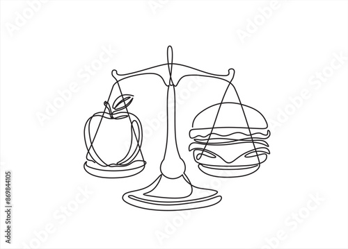 continuous one single line of mechanical scales with apple and hot dog. One continuous line art style
