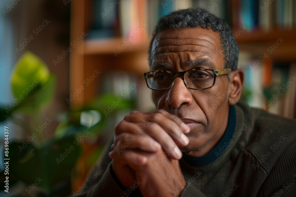 closeup portrait-style photo of a counselor with a concerned yet compassionate expression, hands clasped in a thoughtful pose as they listen to the patient. The background includes closeup portrait-style photo of a counselor with a concerned yet compassionate expression, hands clasped in a thoughtful pose as they listen to the patient. The background includes