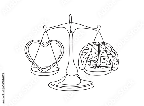 Emotion and intelligence balance, mind, feeling, choice, justice and mercy concept. continuous stylized modern drawing of Brain and heart on scales in equilibrium.