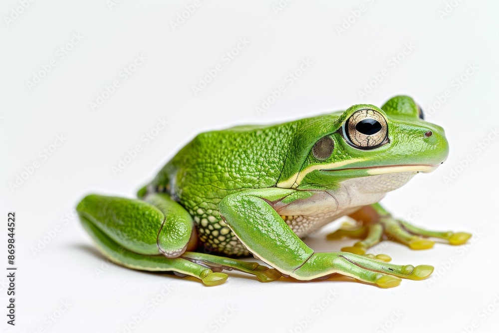 the beside view American Green Tree Frog, left side view, white copy space on right, isolated on white background the beside view American Green Tree Frog, left side view, white copy space on right, isolated on white background