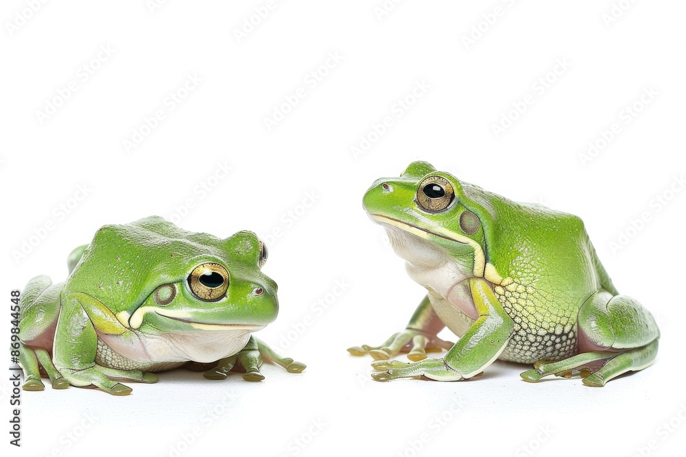 Obraz premium the beside view American Green Tree Frog, left side view, white copy space on right, dutch angle view, isolated on white background