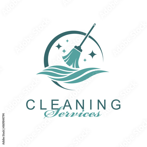 cleaning service design with broom and water splash isolated on white background