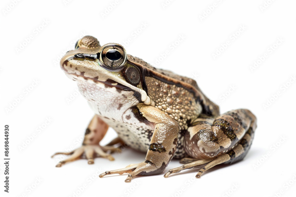 Fototapeta premium the beside view Common Frog, left side view, white copy space on right, isolated on white background