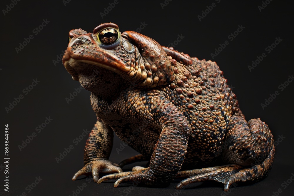 the beside view Common Toad, left side view, white copy space on right, isolated on black background the beside view Common Toad, left side view, white copy space on right, isolated on black background