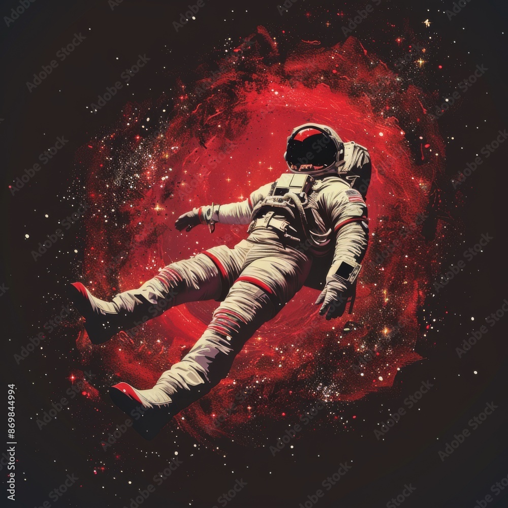 Fototapeta premium An astronaut floating in space, in a digital art style, with a red and white color scheme, against a dark background, with the sun shining on them