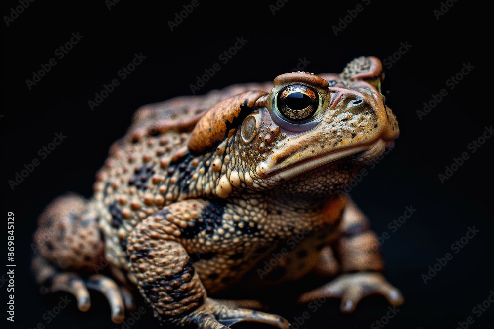 the beside view Common Toad, left side view, white copy space on right, isolated on black background the beside view Common Toad, left side view, white copy space on right, isolated on black background