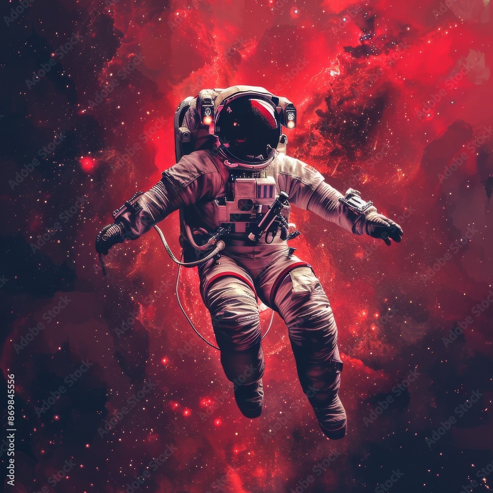 An astronaut floating in space, in a digital art style, with a red and white color scheme, against a dark background, with the sun shining on them An astronaut floating in space, in a digital art style, with a red and white color scheme, against a dark background, with the sun shining on them
