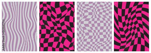 Set of abstract backgrounds for posters in retro style. Distorted squares, checkerboard and stripes. Background in pink colors.