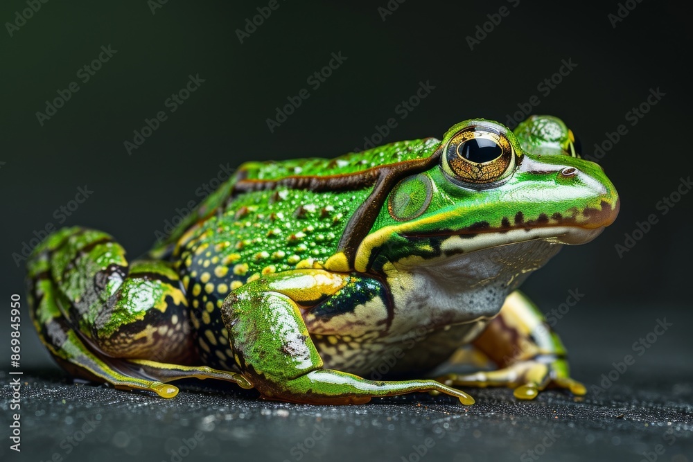 Fototapeta premium the beside view Green Paddy Frog, left side view, white copy space on right, isolated on black background