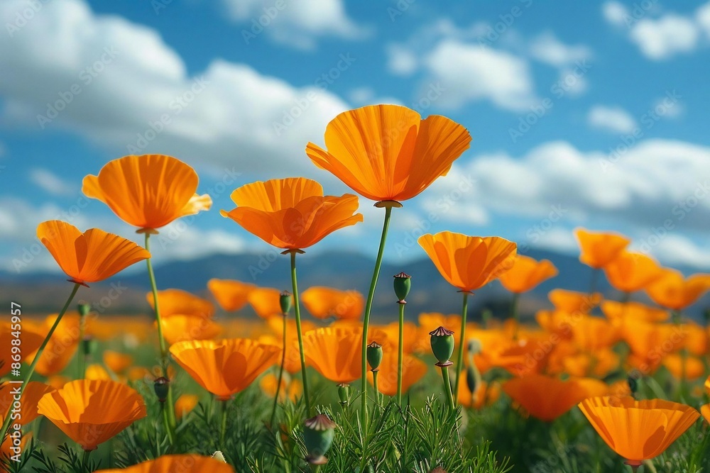 Obraz premium Title: Vibrant orange poppies scattered throughout a lush field beneath a sky dotted with clouds.