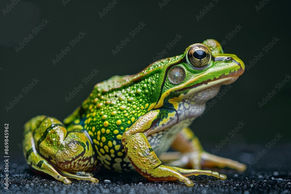 the beside view Green Paddy Frog, left side view, white copy space on right, isolated on black background the beside view Green Paddy Frog, left side view, white copy space on right, isolated on black background