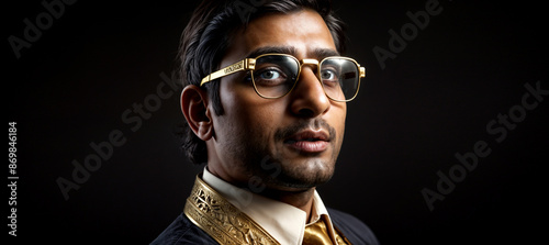 man wearing gold-framed glasses and a gold jacket.