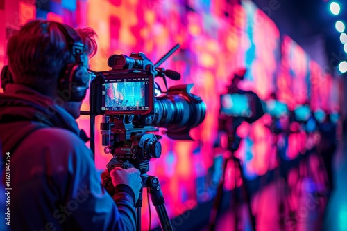 Professional Videographer Filming with High-Tech Camera and Equipment in Vibrant Studio with Colorful LED Wall and Creative Lightingvideographer