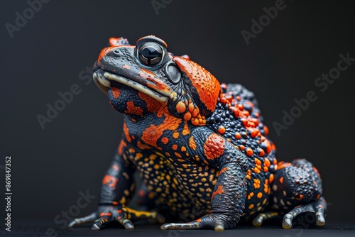 the beside view Oriental Fire-bellied Toad, left side view, white copy space on right, isolated on black background