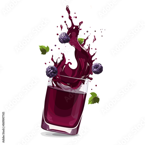 Splashes of vinous blackberry juice with slices. Vector clipart with summer drink isolated for design