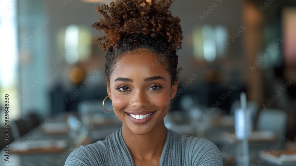 Portrait of a smiling woman with curly hair in a modern restaurant setting, emphasizing natural beauty and a friendly demeanorsmiling Portrait of a smiling woman with curly hair in a modern restaurant setting, emphasizing natural beauty and a friendly demeanorsmiling