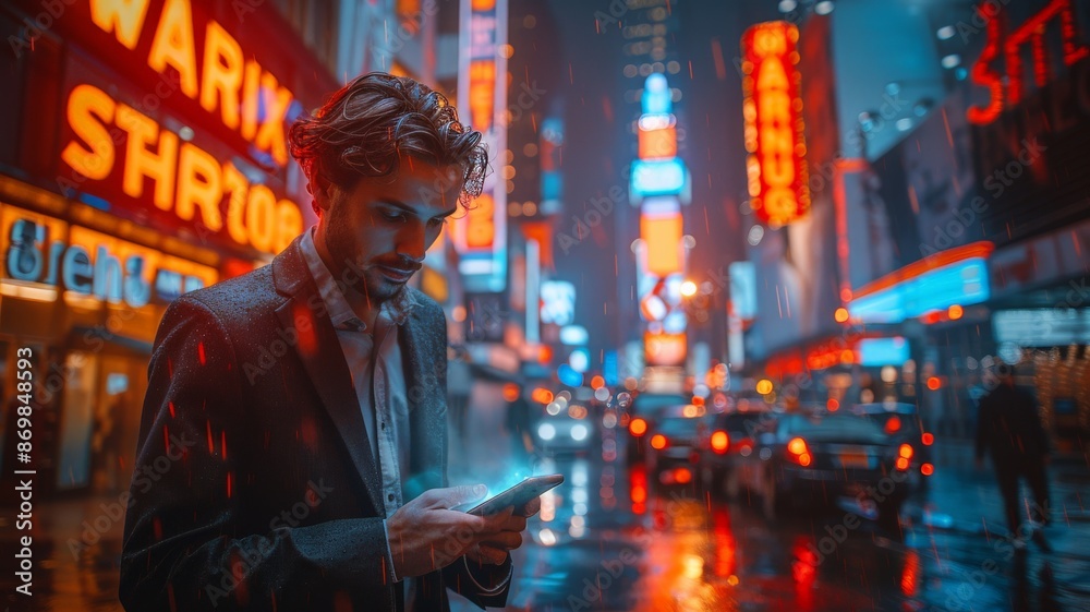 Young Man Using Smartphone on a Rainy Night in Times Square with Vibrant Neon City Lights and Bustling Urban StreetsUrban