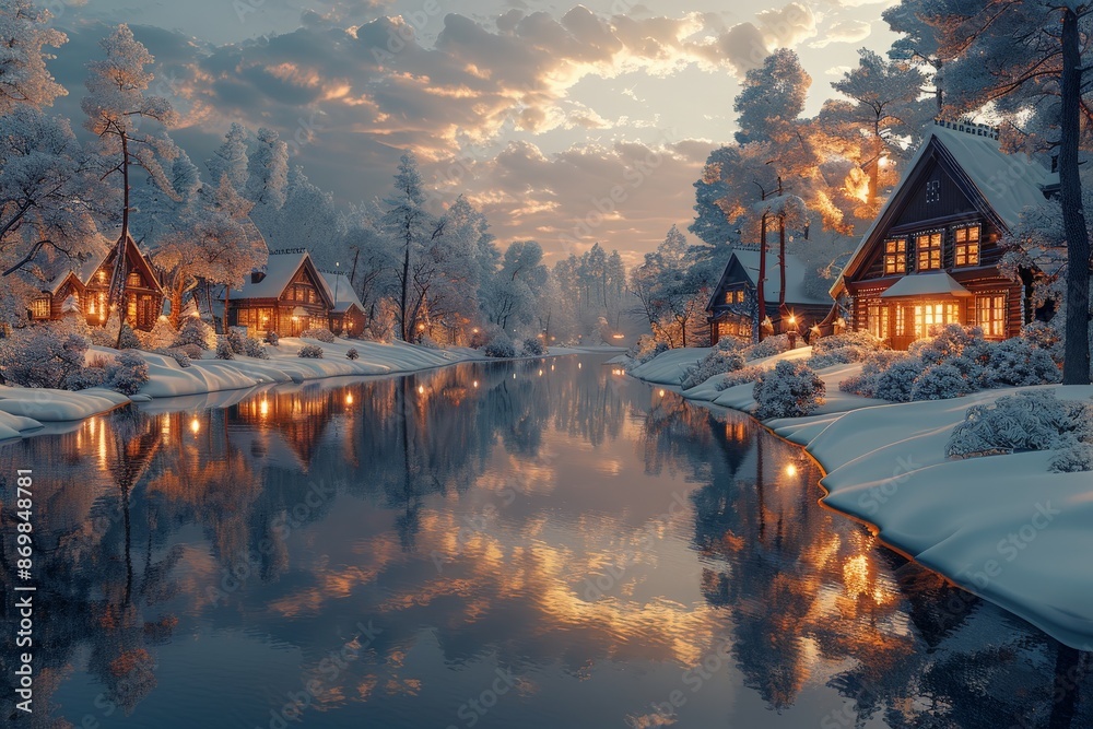 Fototapeta premium Idyllic winter village with snow-covered cabins by a calm river, illuminated by warm, glowing lights under a dramatic cloud-filled sunset skyWinter