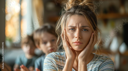 Wallpaper Mural a woman has headache and stress because of children's problems , children on background .A mother suffers from headaches, tension and psychological pressure due to her children’s problems Torontodigital.ca