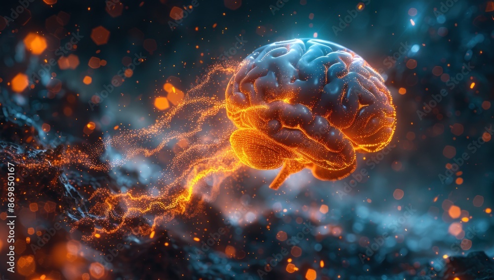 Digital Brain Illuminated by Orange Sparkles Digital Brain Illuminated by Orange Sparkles