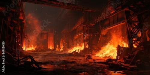 hell like heat and flames at steel mill background