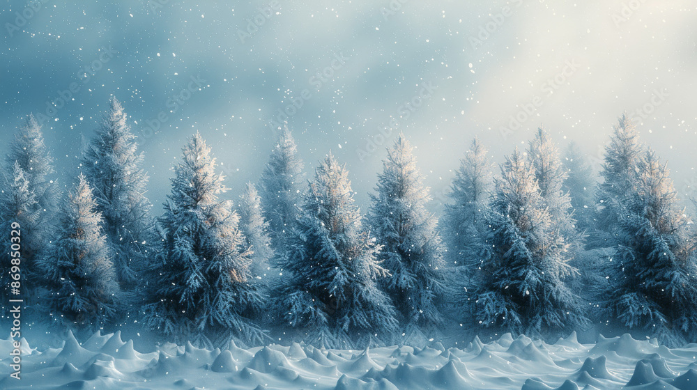 A snowy winter background with frost-covered trees A snowy winter background with frost-covered trees