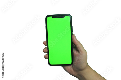 hand holding phone, green screen, isolated on transparent background