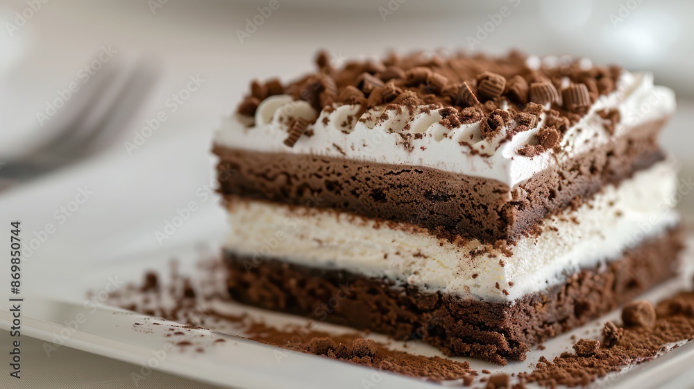 A decadent layered chocolate cake topped with whipped cream and chocolate shavings, displayed on a white plate, perfect for dessert enthusiasts and sweet tooth cravings. A decadent layered chocolate cake topped with whipped cream and chocolate shavings, displayed on a white plate, perfect for dessert enthusiasts and sweet tooth cravings.