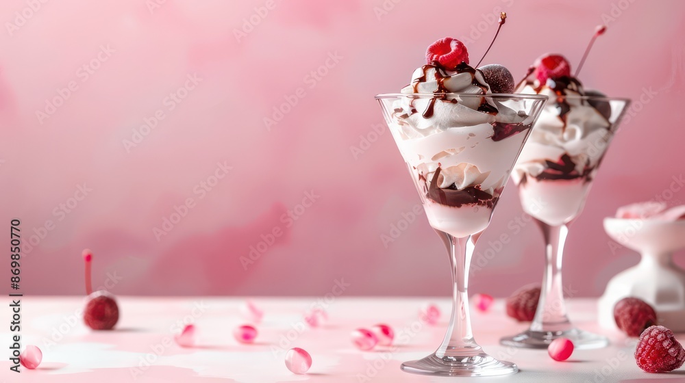 Two stylish dessert glasses filled with whipped cream, chocolate syrup, cherries, and raspberries, set on a pastel pink background decorated with candy pieces. Two stylish dessert glasses filled with whipped cream, chocolate syrup, cherries, and raspberries, set on a pastel pink background decorated with candy pieces.
