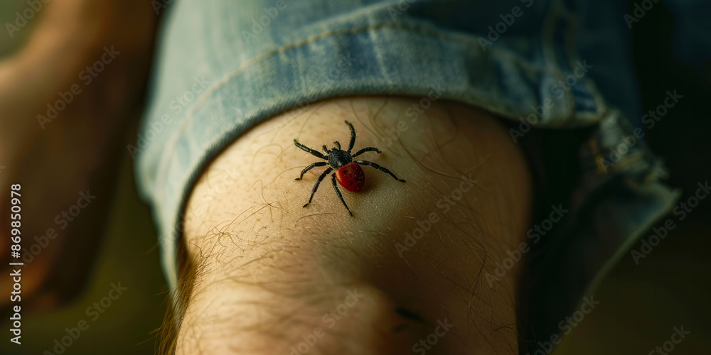 Obraz premium Close-up of a tick on a human leg, showing the importance of insect repellent and tick removal methods for preventing Lyme disease and other tick-borne illnesses