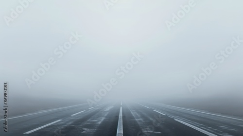 A lone highway stretches ahead, engulfed in thick fog, diminishing visibility and creating a mysterious and serene ambiance that captivates the viewer’s imagination.