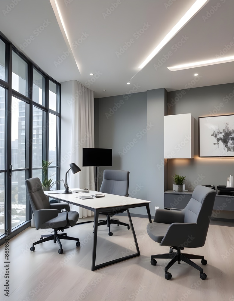 Fototapeta premium In the contemporary office interior sleek furniture and modern design elements create an atmosphere conducive to productivity and focus on work