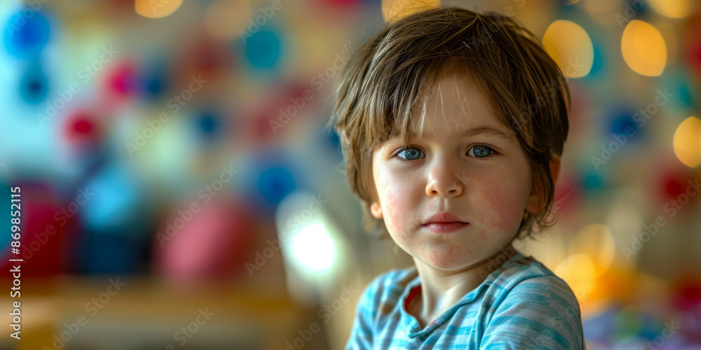 Cute Young Boy with Blue Eyes and Brown Hair in a Colorful Playroom Cute Young Boy with Blue Eyes and Brown Hair in a Colorful Playroom