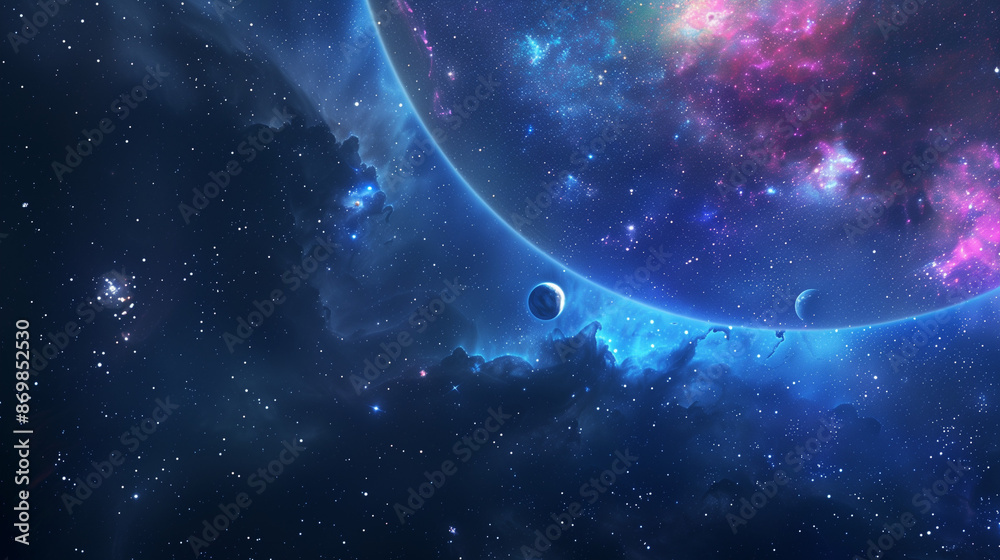 Obraz premium Beautiful galaxy and nebula in the night sky. Starry background perfect for astronomy and science enthusiasts. Glowing cosmic light and planets create an abstract and mystical