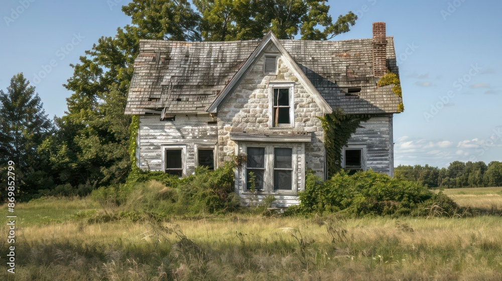 An old, worn-down farmhouse with a shingled roof, surrounded by overgrown vegetation and set in a grassy field with trees in the background under a clear sky. An old, worn-down farmhouse with a shingled roof, surrounded by overgrown vegetation and set in a grassy field with trees in the background under a clear sky.