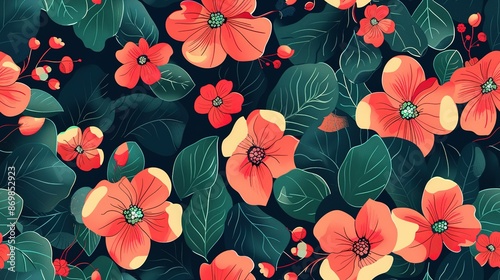 Seamless Floral Pattern with Red Flowers and Green Leaves