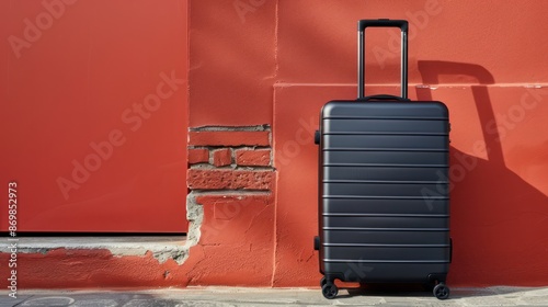 This image features a sleek black suitcase standing on a pavement against a red wall. The wall shows visible cracks with some bricks exposed, creating a rustic urban feel. photo