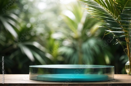 glass podium blur background, palm view nature © KratokDesign