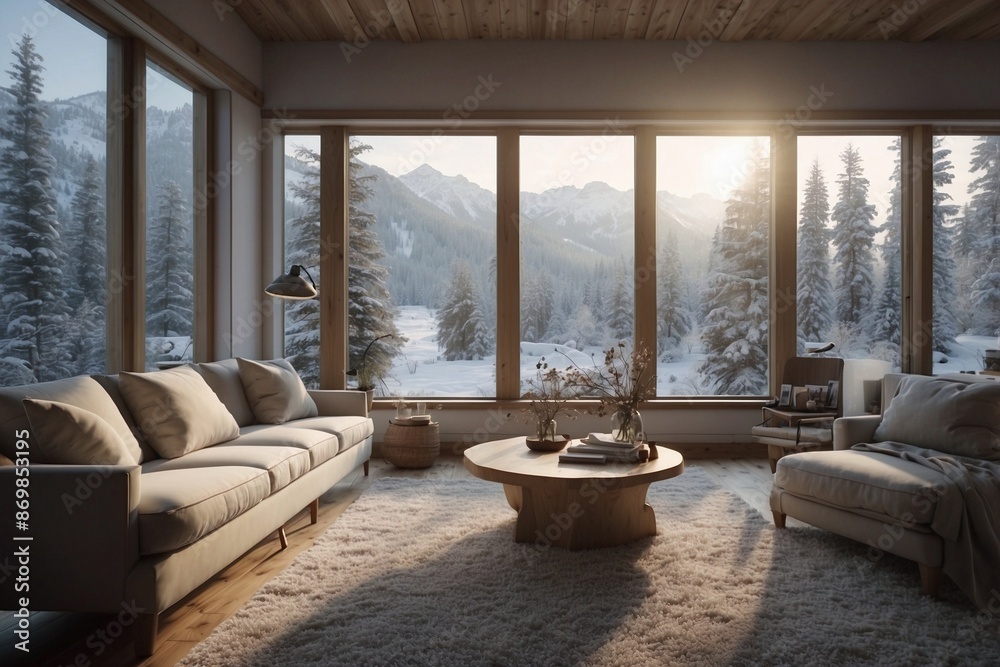 Fototapeta premium Winter Living Room Overlooking Snowy Garden